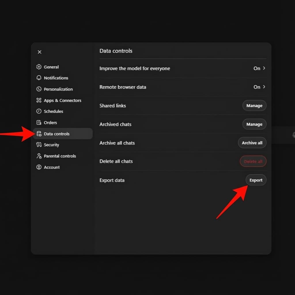 ChatGPT Settings showing Data Controls and Export data option
