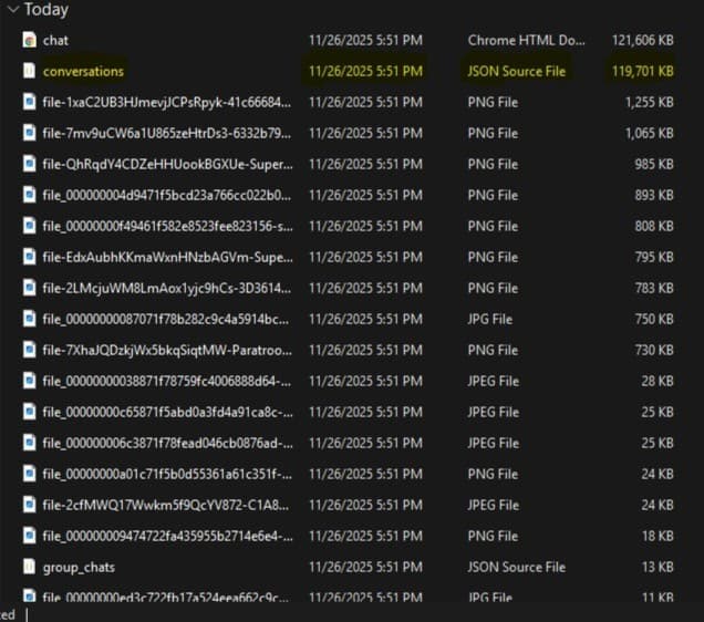 ChatGPT data export files showing conversations.json, images, and other exported files