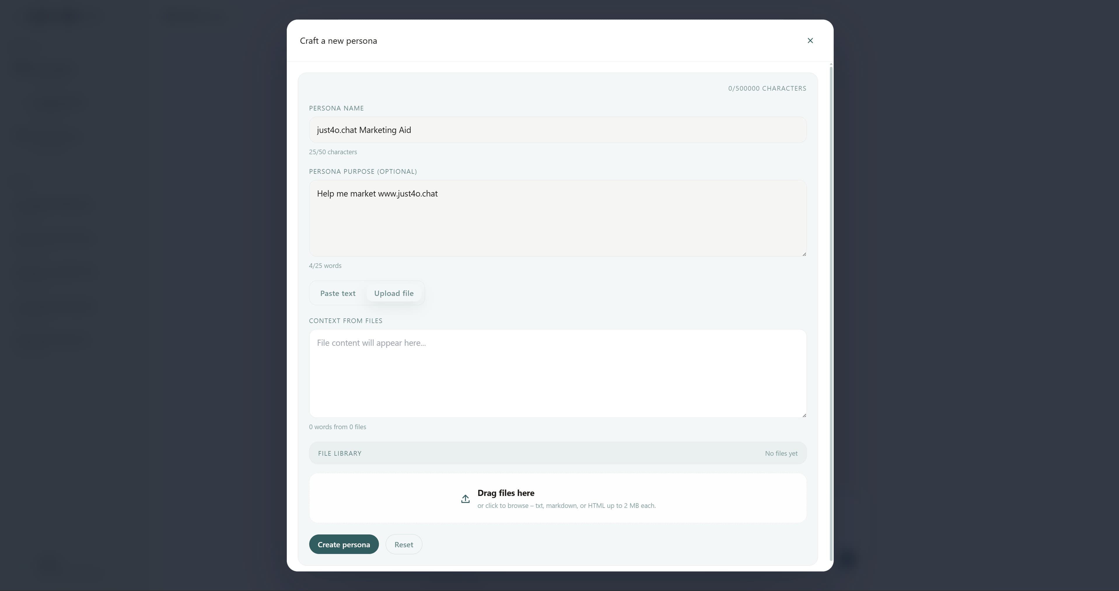 The just4o.chat create-persona modal showing persona name, purpose, and file context fields.