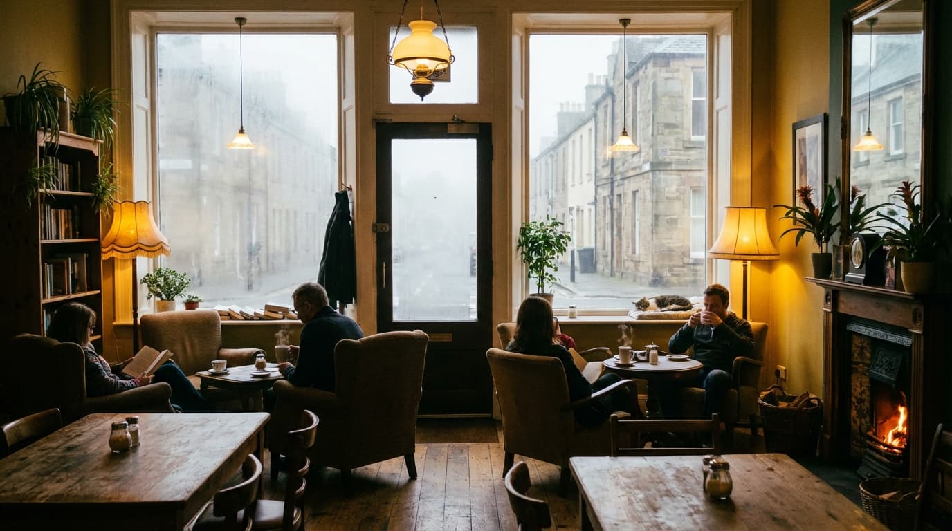 Warm café interior with morning light