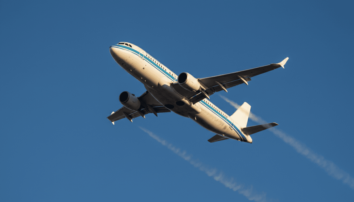 Commercial aircraft climbing through a clear blue sky